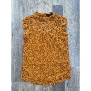 Heart Soul Mustard Yellow Lace Mock‎ Neck Sleeveless Top Blouse 11AE22438 Small